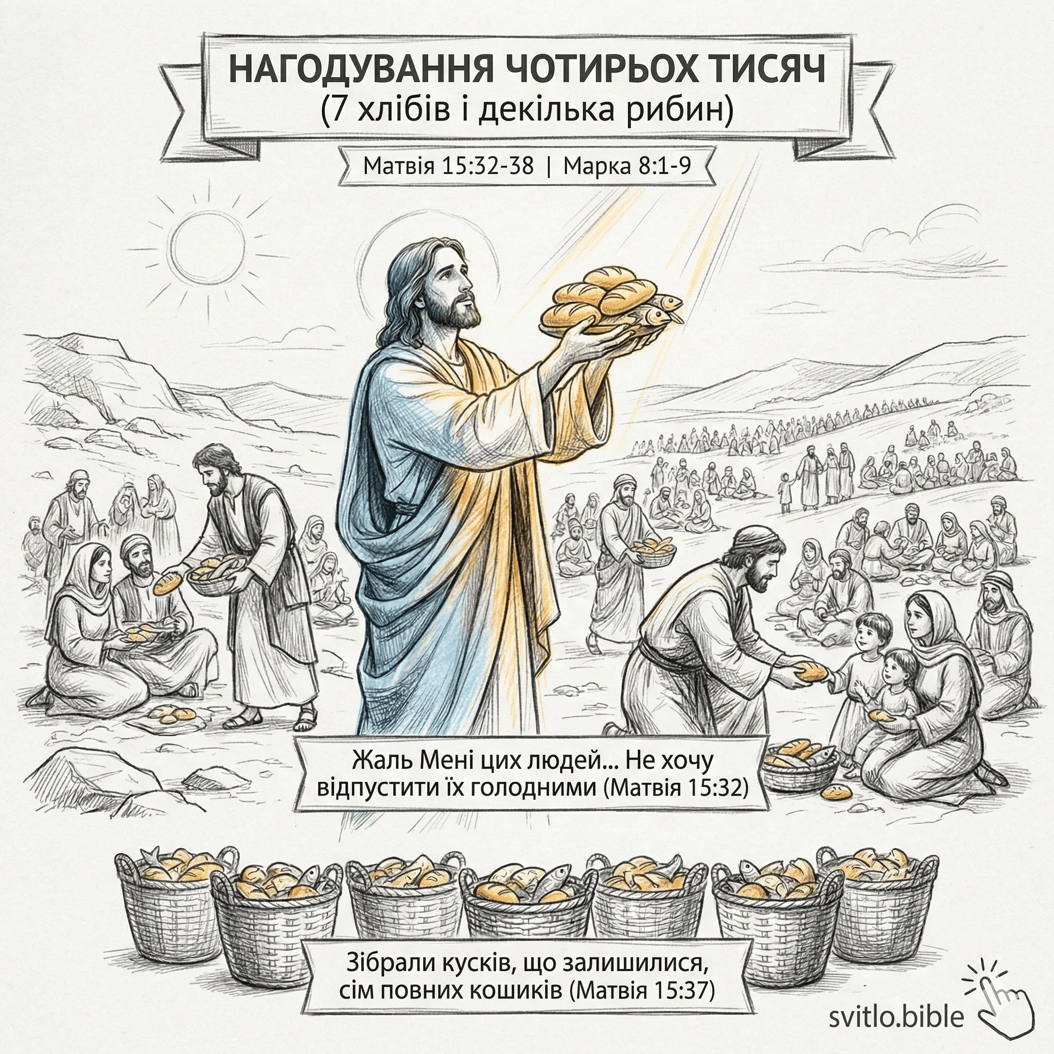 нагодування Ісусом Христом 4000 людей (7 хлібів і декілька рибин)