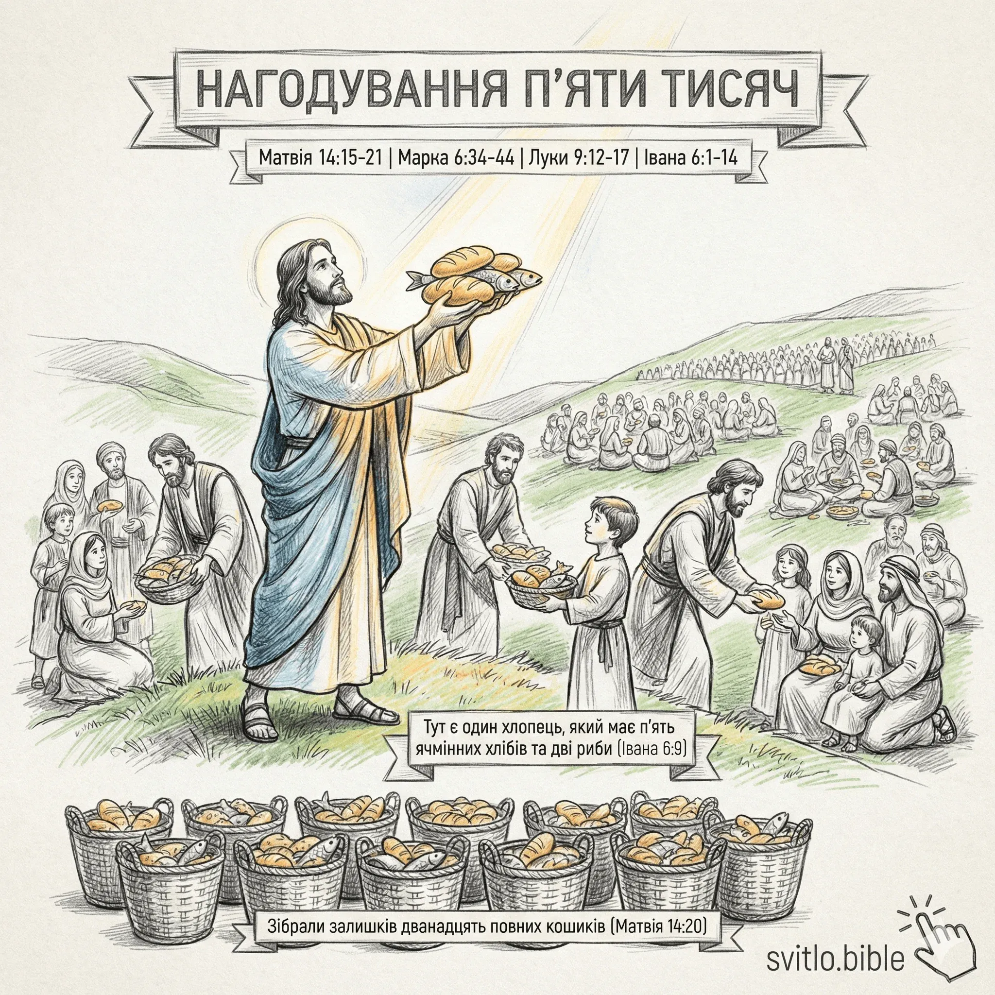 нагодування Ісусом Христом 5000 людей (5 хлібів і 2 риби)